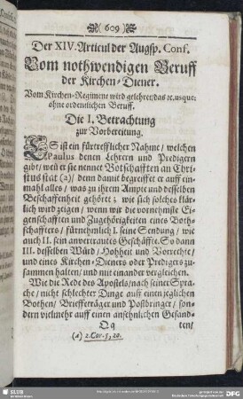 Der XIV. Articul der Augsp. Conf. Vom nothwendigen Beruff der Kirchen-Diener