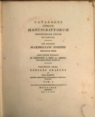 Catalogus codicum manuscriptorum Graecorum Bibliothecae Regiae Bavaricae, 1. Cod. I - CV continens