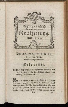 Vier und zwanzigstes Stück; den 15ten Juny. Wien, 1775.