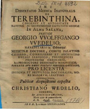 Dissertatio Medica Inavgvralis De Terebinthina
