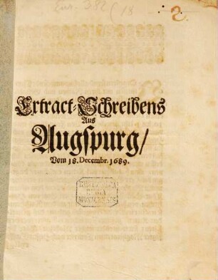 Extract eines Schreibens aus Augspurg vom 18. December 1689