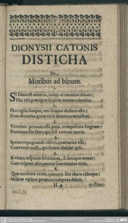 Dionysii Catonis Distica De Moribus ad binum