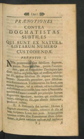 Praenotiones Contra Dogmatistas Subtiles Qui Sunt Ex Natrualistarum Numero Custodiendae