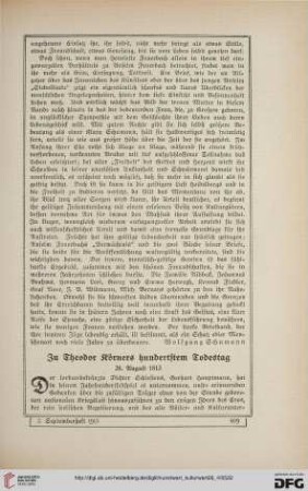 26: Zu Theodor Körners hundertstem Todestag : 26. August 1813