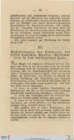 III. Rechtfertigung der Competenz der hohen deutschen Bundes=Versammlung in dem vorliegenden Falle