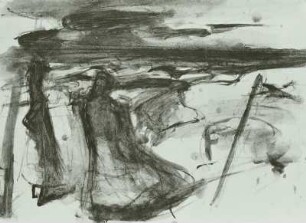 Drei Figuren im Sturm am Strand (Mädchen im Wind am Strand II)