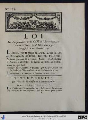 Loi Sur l'organisation de la Caisse de l'Extraordinaire.