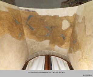 Ausgestaltung der Camera del Podestà : Fensterlaibung mit Papageiendarstellung auf Goldgrund