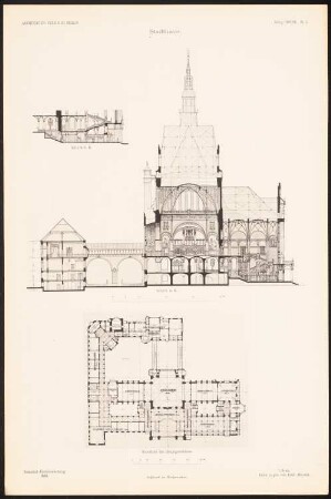 Stadthaus: Längsschnitt, Querschnitt, Grundriss 1. OG (aus: Entwürfe von Mitgl. d. AVB, Neue Folge 1897/98)