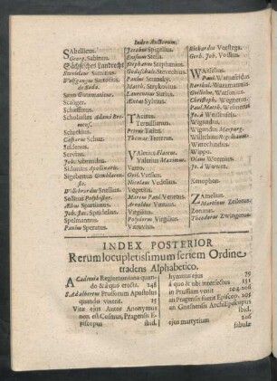 Index Posterior Rerum locupletissimum seriem Ordine tradens Alphabetico.