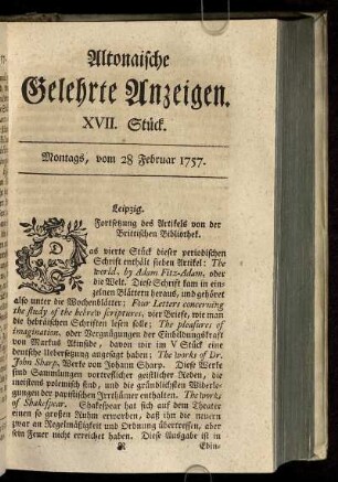 XVII. Stück. Montags, vom 28 Februar 1757