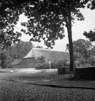 Wettbewerb "Unser Dorf soll schöner werden": Rosenstraße mit Kopfsteinpflaster: rechts Feldsteinmauer und Baum: im Hintergrund Reetdachscheune inmitten Bäumen: ehemaliger Hengststall des Gutes