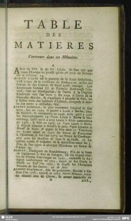 Table Des Matieres. Contenues dans ces Mémoires