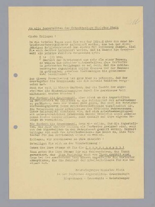 "An alle Angestellten der Schachtanlage Minister Stein"
