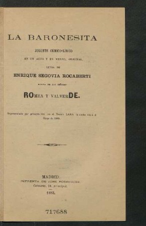 La baronesita : juguete cómico-lírico en un acto y en verso, original
