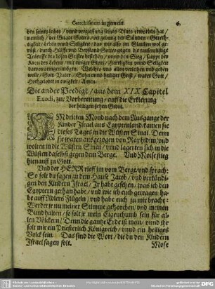 Die ander Predigt, aus dem XIX Capitel Exodi, zur Vorbereitung, auff die Erklerung der heiligen zehen Gebot