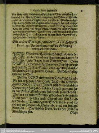 Die ander Predigt, aus dem XIX Capitel Exodi, zur Vorbereitung, auff die Erklerung der heiligen zehen Gebot