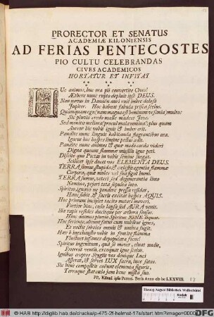 Prorector Et Senatus Academiae Kiloniensis Ad Ferias Pentecostes Pio Cultu Celebrandas Cives Academicos Hortatur Et Invitat