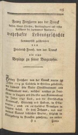 Franz Freyherrn von der Trenck ... wahrhafte Lebensgeschichte summarisch geschrieben von Friedrich Freyh. von der Trenck als eine Beylage zu seiner Biographie.