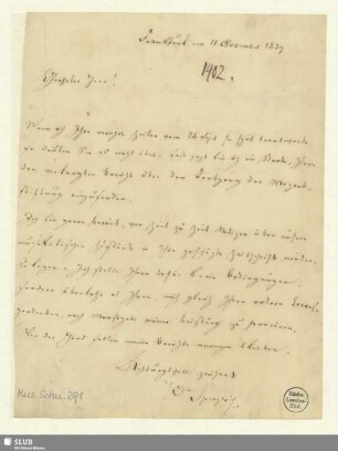 291: Brief von Wilhelm Speyer an Robert Schumann - Mus.Schu.291