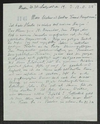 Brief von Heinrich Grünfeld an Gerhart Hauptmann