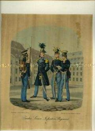Soldat, Stabsoffizier, Offizier und und Unteroffizier, 2. Linien-Infanterieregiment. Aus Kunstdruckmappe "Uniformen der Königlich Sächsischen Armee" 1832.