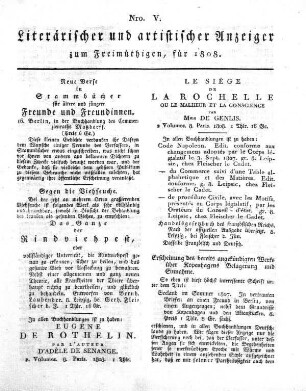 Nro. V., Literarischer und artistischer Anzeiger zum Freimüthigen, für 1808