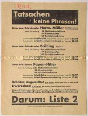 Programmatischer Wahlaufruf der Sozialdemokraten anlässlich der Reichstagswahlen - gegen kommunistische und nationalsozialistische Regierungsmehrheiten