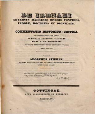 De Irenaei adversus haereses operis fontibus, indole, doctrina et dignitate : Commentatio hist.-crit ...