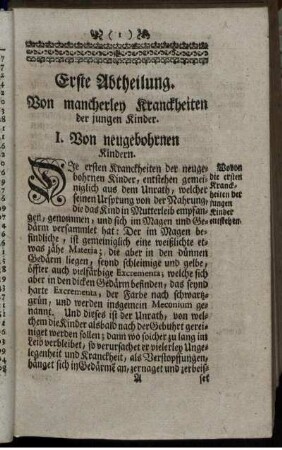 Erste Abtheilung. Von mancherley Kranckheiten der jungen Kinder.