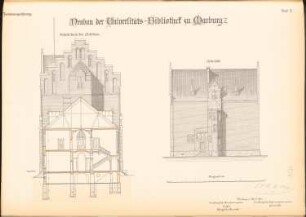 Bibliothek der Philipps-Universität Marburg: Querschnitt mit Ansicht und Ostansicht 1:100