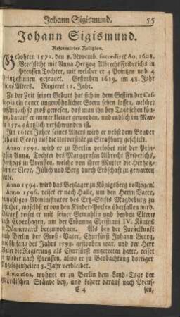 Johann Sigismund. Reformirter Religion.