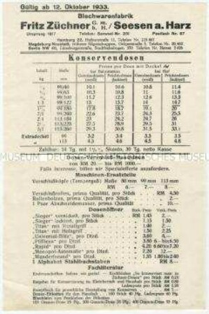 Preisliste für Konservendosen