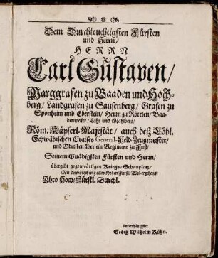 Dem Durchleuchtigsten Fürsten und Herrn/ Herrn Carl Gustaven/[...]