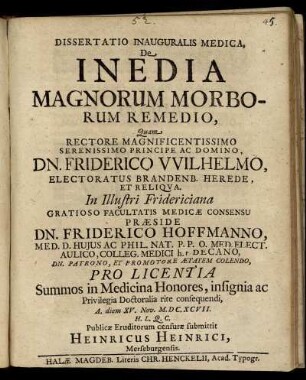 Dissertatio Inauguralis Medica, De Inedia Magnorum Morborum Remedio