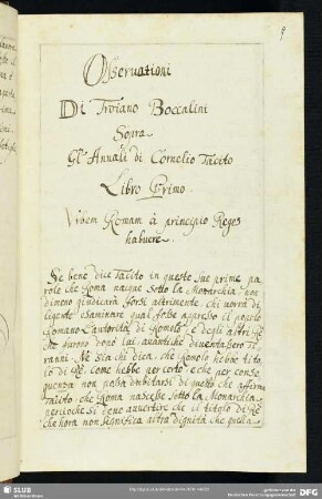 Bl. 9-119. Osseruationi di Traiano Boccalini sopra gl’ Annali di Cornelio Tacito Libro Primo.