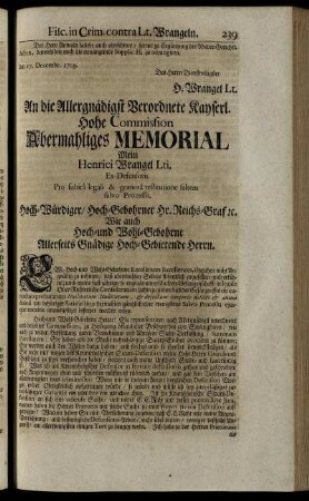 An die Allergnädigst Verordnete Kayserl. Hohe Commission Abermahliges Memorial Mein Henrici Wrangel Lti.