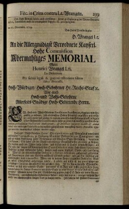 An die Allergnädigst Verordnete Kayserl. Hohe Commission Abermahliges Memorial Mein Henrici Wrangel Lti.