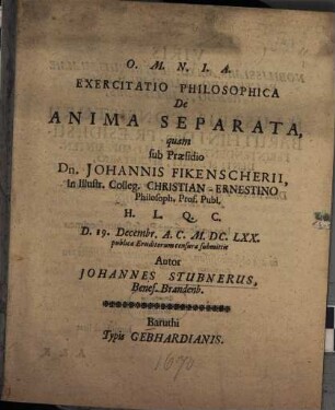 Exercitatio Philosophica De Anima Separata