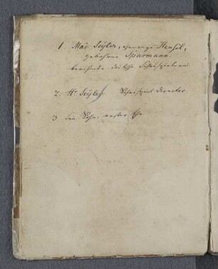 1. Mad. Seÿler, ehemalige Hensel, gebohren Sparmann. berühmte deutsche Schauspielerin. 2. Hr. Seÿler. Schauspieldirector. 3. Sein Sohn, erster Sohn.