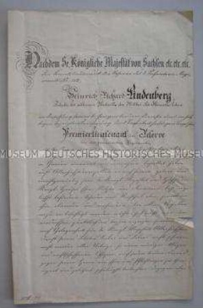 Beförderungspatent zum Premierlieutenant der Reserve für Heinrich Richard Lindenberg; Dresden, 21. Februar 1876