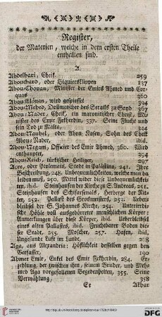 Register, der Materien, welche in dem ersten Theile enthalten sind