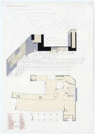 Bauwettbewerb Amerika-Gedenkbibliothek/Berliner Zentralbibliothek, AGB (nicht realisiert), 1. Preisgruppe – Grundriss EG, Isometrische Projektion Nordseite. Berlin-Kreuzberg, Blücherplatz 1