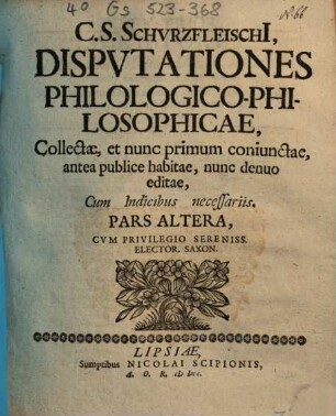 C. S. Schvrzfleischii, Dispvtationes Philologico-Philosophicae : Collectae, et nunc primum coniunctae, antea publice habitae, nunc denu editae, Cum Indicibus necessariis, Pars Altera, [0]. Index Prior, Scriptores
