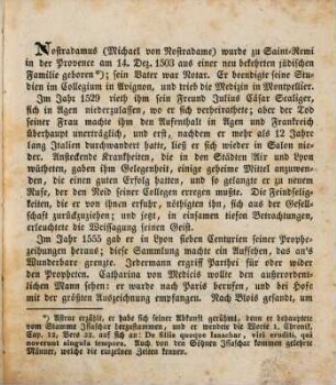 Prophezeihungen des Nostradamus : 1840 ; Nebst Nachrichten von seinem Leben und einem Anhange über Wahrsagen und Prophezeihen