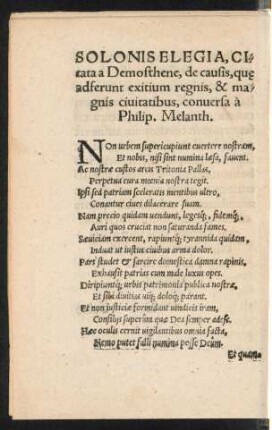 Solonis Elegia, Citata a Demosthene ... conversa a Philip. Melanth.