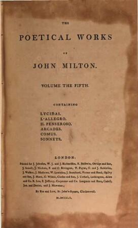 The poetical works of John Milton : In 6 Volumes. Vol. 5 (1801)