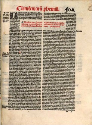 Cleme[n]tis pape q[ui]nti [con]stitutiones una c[um] p[ro]fu[n]do apparatu d[omi]ni Joan[n]is Andree : Casus litterales. Notabilia & Glosarum divisiones co[m]plexe. Prohemium