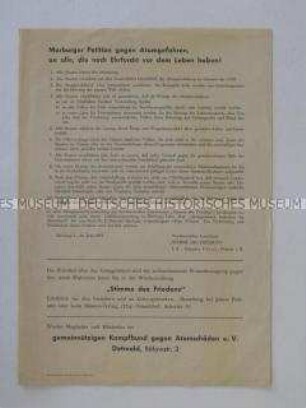 Flugblatt mit einem Aufruf zum Kampf gegen Atomwaffen