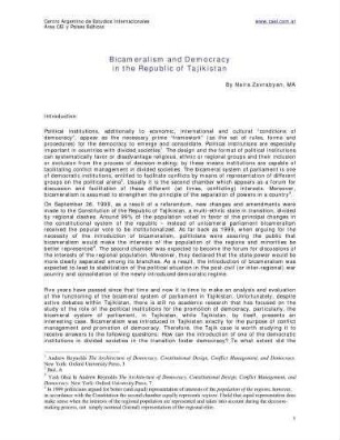Bicameralism and Democracy in the Republic of Tajikistan